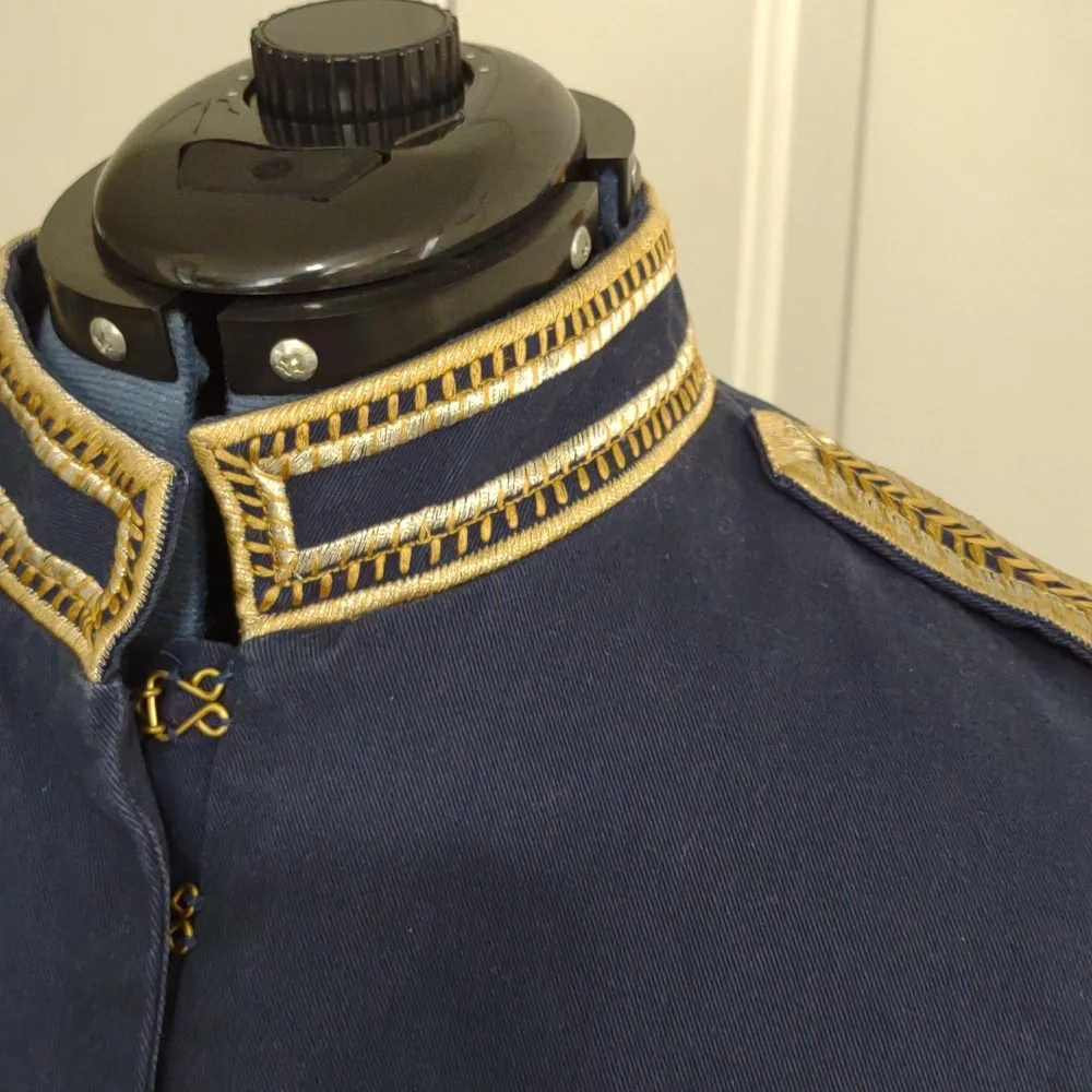 90s Cropped Hussar Jacket – Navy & Gold Statement Military Blazer - Picture 4 of 13